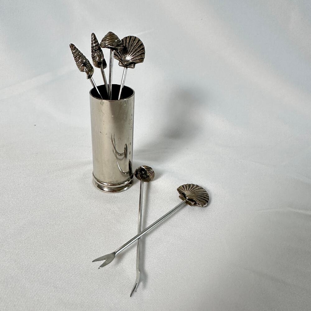 Vintage Pewter Sea Shell Hors D'oeuvre Picks Cocktail Forks